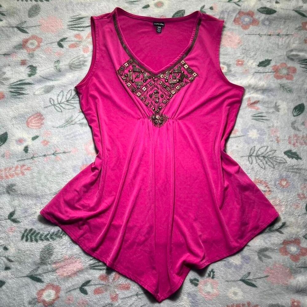 Rafaella Y2K Hot Pink Beaded Tank Top S - Mcbling 2000s Asymmetrical Hem Sequins